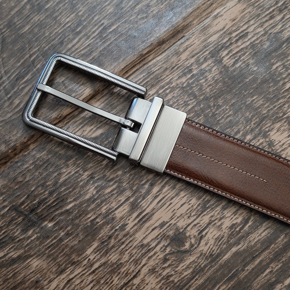 GENUINE LEATHER Reversible Belt Mens 44 Brown Black Swivel Buckle M-MW1233
